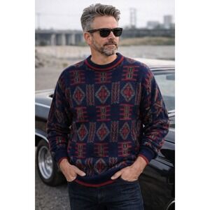 Vtg Mens Collectif Blue Chunky V Neck Sweater Sz M Grandpa Wool Blend Made Italy